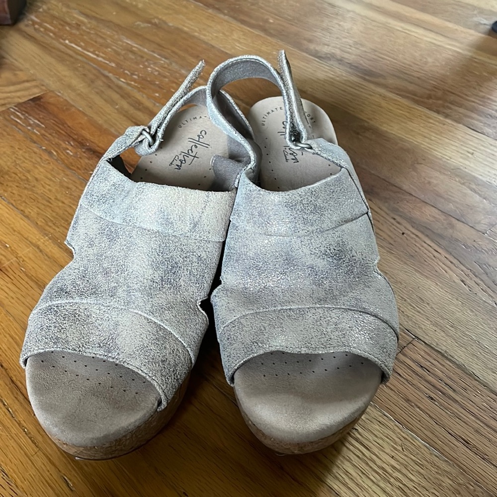 Clarks Collection Sparkly Gold/Silver Leather Cork Wedges, Size 9